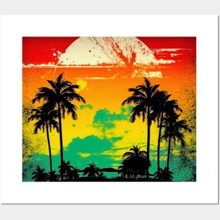 Retro Paradise: Vintage Tropical Sunset and Palms Posters and Art